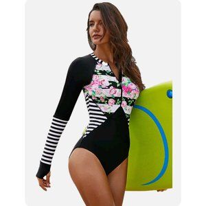 Womens Rash Guard One Piece Swimsuit L Front Zip Long Sleeve Crew Black Floral
